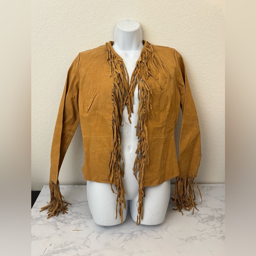 Outer Edge Leather Jacket Women's M Tan Suede Open Front Fringe Cowgirl Vtg​​